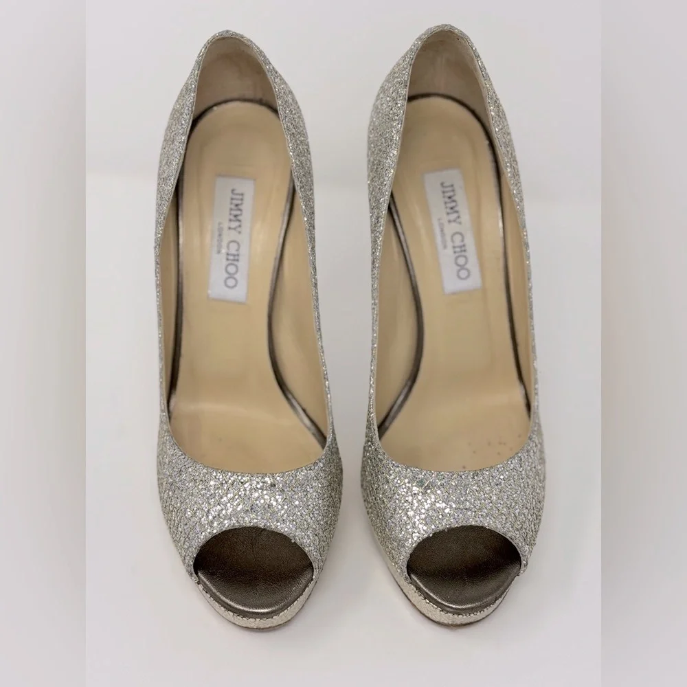 Jimmy Choo Crown Glitter Fabric Champagne Peep Toe Pumps Heels Size 38 - Picture 3 of 12